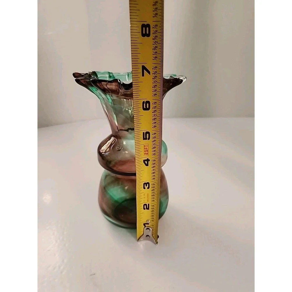 Vintage Art Glass Vase Green Brown Amethyst Swirl Ruffled